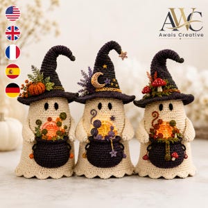 May include: Three crocheted ghost figures wearing dark pointed hats. Each ghost holds a black cauldron filled with glowing orange or purple elements. The hats are decorated with miniature pumpkins, mushrooms, stars, and crescent moon motifs.