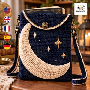 May include: A dark navy blue crochet crossbody bag featuring a large cream-colored crescent moon and several embroidered gold stars. The bag has a flap closure secured with a circular metal button, a matching crochet strap, and gold-toned hardware.
