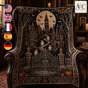 May include: A black and cream crochet blanket featuring a detailed haunted mansion scene with a large full moon, a clock tower, flying bats, ghosts, and an ornate iron gate. The design includes orange pumpkins at the base and glowing windows.
