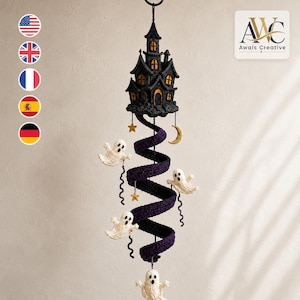 May include: A hanging crochet decoration featuring a black haunted house at the top, a purple spiral structure, and four small white ghosts. The design includes small gold stars and a crescent moon, with the text AWC Awais Creative in the corner.