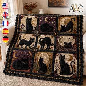 May include: A rectangular crochet blanket featuring nine square panels, each displaying a black cat in various poses against backgrounds of moons, stars, and floral motifs. The blanket has a dark scalloped border and a central paw print accent.