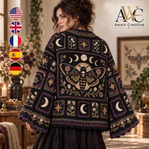 May include: A black crochet cardigan featuring a large central moth graphic with a skull head, surrounded by various square panels displaying moon phases, stars, and floral motifs in shades of purple, cream, and green with a scalloped hem.