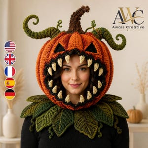 May include: A crochet pumpkin hood featuring a dark brown stem, curly green vines, and a carved jack-o'-lantern face with triangular eyes and sharp, cream-colored teeth. The base of the hood is adorned with a collar of dark green crochet leaves.