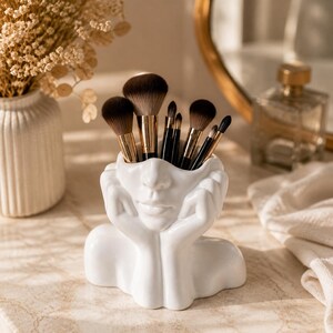 Face Makeup Brush Holder, Woman Sculpture Organizer, White Vanity Storage Pot, Modern Flower Vase, Beauty Room Decor, Unique Gift for Her