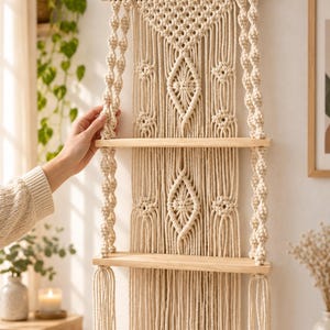 May include: A cream-colored macrame wall hanging featuring two horizontal light wood shelves suspended by intricate knotted cord patterns. The design includes diamond-shaped motifs and twisted side cords, finished with long fringe at the bottom.