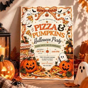 May include: A rectangular Halloween party invitation poster featuring orange and black text that reads Pizza & Pumpkins Halloween Party. The design includes illustrations of ghosts eating pizza, jack-o'-lanterns, and a checkered ribbon.