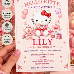 May include: A Hello Kitty birthday party invitation card featuring a pink color scheme, a central illustration of Hello Kitty with a red bow, a teapot, teacups, a cake, and balloons. The text reads Lily is turning 5, Sunday, October 18, 2026.