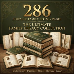 May include: A collection of books featuring 286 editable family legacy pages. The stack includes volumes titled Family History & Legacy, Biographies, and Timelines. Open books display historical portraits, maps, and genealogical charts.