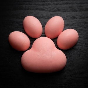 May include: A light pink soap bar shaped like a paw print, consisting of one large central pad and four smaller oval-shaped toe pads arranged in a cluster. The smooth, solid-colored object has a matte finish and a rounded, soft-edged design.