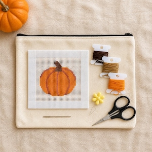 Peut inclure: Une pochette zippée en toile couleur crème contenant un kit de point de croix. Le kit comprend un morceau de tissu blanc carré avec une citrouille orange brodée, trois bobines de fil en marron, doré et orange, une aiguille et des ciseaux.