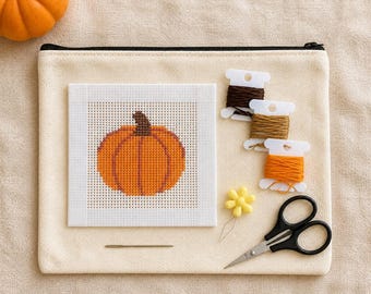 Toile à broder « Petite citrouille » | Kit de démarrage pour débutants en loisirs créatifs d'automne (10 x 10 cm)