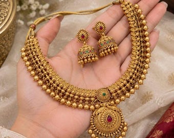 Vergulde pauwenketting en oorbellen set | Traditionele Indiase etnische sieraden, gouden sieraden.