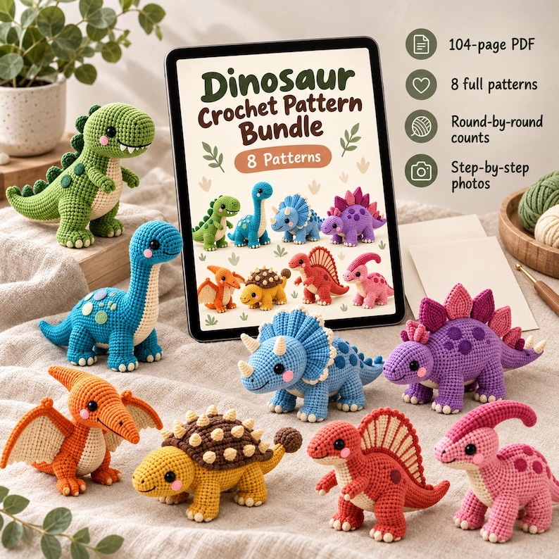 Dinosaur Crochet Pattern PDF, 8 Amigurumi Dino Bundle, T-rex ...