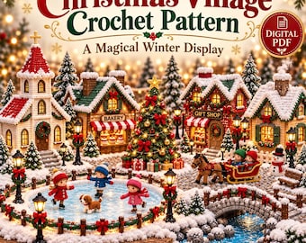 Può includere: Uno schema all'uncinetto in PDF digitale raffigurante un villaggio natalizio con chiesa, panetteria, negozio di articoli da regalo e case. La scena include un albero di Natale centrale, uno stagno con pattinatori, una slitta e un ponte.