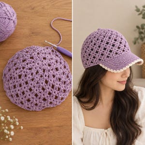 Pu&ograve; includere: Un berretto da baseball all'uncinetto color lavanda con un delicato motivo traforato a forma di stella e un bordo smerlato color crema sulla visiera. Il berretto &egrave; mostrato insieme a un gomitolo di lana abbinato e un uncinetto viola su legno.