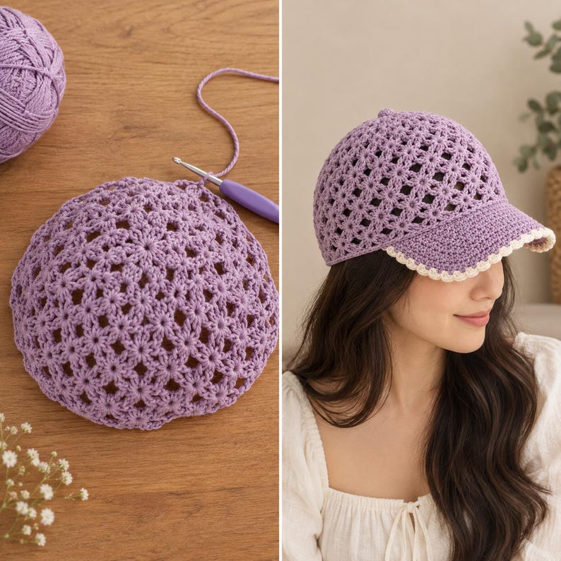 Pu&ograve; includere: Un berretto da baseball all'uncinetto color lavanda con un delicato motivo traforato a forma di stella e un bordo smerlato color crema sulla visiera. Il berretto &egrave; mostrato insieme a un gomitolo di lana abbinato e un uncinetto viola su legno.