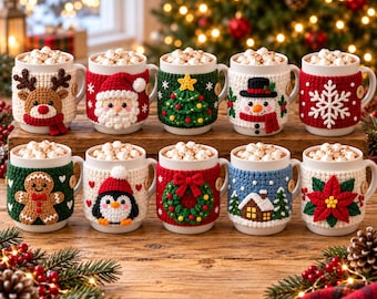 Może przedstawiać: Dziesięć białych ceramicznych kubków wypełnionych piankami marshmallow, każdy owinięty unikalnym szydełkowanym pokrowcem ze świątecznymi wzorami, w tym reniferem, Świętym Mikołajem, choinką, bałwanem, płatkiem śniegu, piernikowym ludzikiem, pingwinem, wieńcem, chatką i gwiazdą betlejemską.
