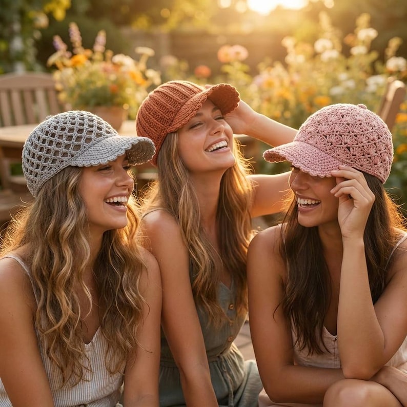 Pu&ograve; includere: Tre cappellini da baseball all'uncinetto in grigio chiaro, arancione ruggine e rosa polvere. Il cappellino grigio presenta un punto a rete aperto, quello color ruggine ha una trama a coste e quello rosa mostra un delicato motivo a conchiglia.