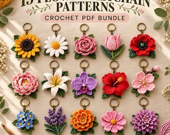 Può includere: Un pacchetto digitale di 15 schemi all'uncinetto per portachiavi a forma di fiore, che mostra vari disegni floreali lavorati all'uncinetto tra cui girasole, margherita, rosa, tulipano, papavero, peonia, giglio, orchidea e altri con anelli.