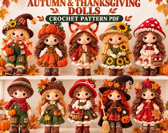 Può includere: Un modello di uncinetto in PDF scaricabile digitalmente intitolato 10-IN-1 AUTUMN & THANKSGIVING DOLLS con dieci bambole distinte con abiti a tema autunnale, inclusi cappelli, vestiti e salopette, decorati con zucche, girasoli e foglie.