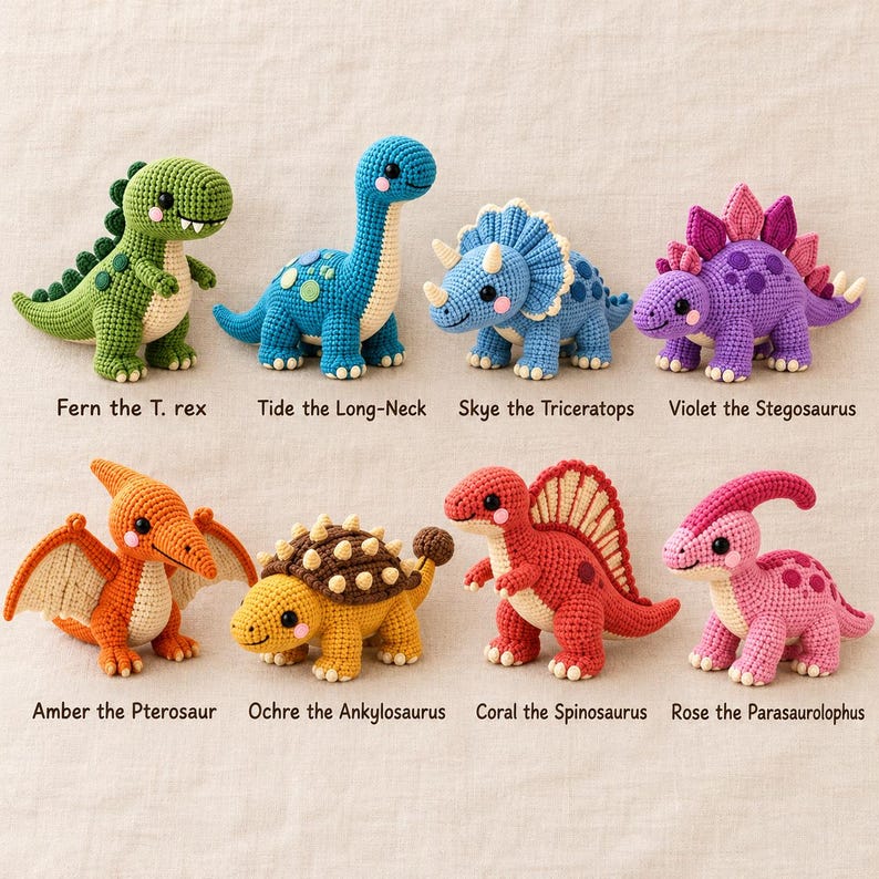 Dinosaur Crochet Pattern PDF, 8 Amigurumi Dino Bundle, T-rex ...