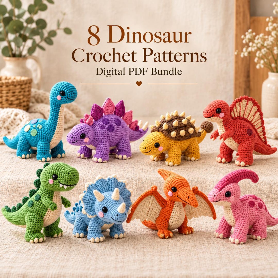 Dinosaur Crochet Pattern PDF, 8 Amigurumi Dino Bundle, T-rex ...