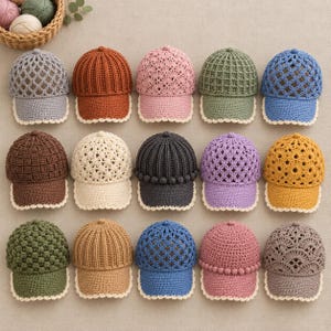 May include: Fifteen crochet baseball caps arranged in three rows of five. Each cap features a unique stitch pattern, including lattice, ribbed, and bobble designs, in various colors like blue, pink, green, brown, and yellow with scalloped brims.