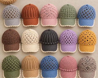 Può includere: Quindici cappellini da baseball all'uncinetto disposti in tre file da cinque. Ogni cappellino presenta un motivo a punto unico, inclusi disegni a reticolo, a coste e a noccioline, in vari colori come blu, rosa, verde, marrone e giallo.