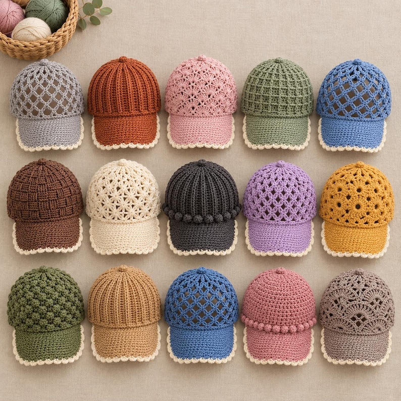 Pu&ograve; includere: Quindici cappellini da baseball all'uncinetto disposti in tre file da cinque. Ogni cappellino presenta un motivo a punto unico, inclusi disegni a reticolo, a coste e a noccioline, in vari colori come blu, rosa, verde, marrone e giallo.