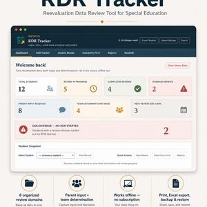May include: The VETRYX RDR Tracker is a digital Reevaluation Data Review tool for special education. The interface displays a dashboard with student metrics, including total students, reviews in progress, completed reviews, and overdue reviews.