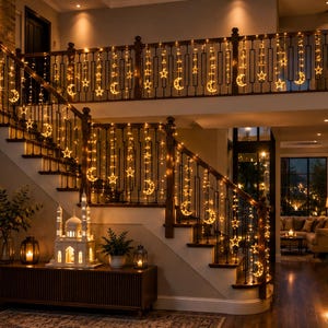 May include: A string of warm white LED curtain lights featuring alternating crescent moon and star shapes draped along a wooden staircase railing. The lights emit a soft glow, creating a decorative illumination effect across the banister.