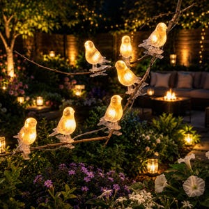 May include: A string of decorative bird-shaped lights featuring translucent, warm-glowing bodies. Each bird is attached to a small clip, allowing them to be secured onto branches. The lights emit a soft, golden illumination, creating a bright accent.