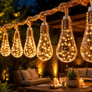 May include: A string of seven clear glass light bulbs suspended from a thick, twisted jute rope. Each bulb features a metallic base and contains a cluster of warm, glowing fairy lights inside, creating a bright, illuminated decorative display.