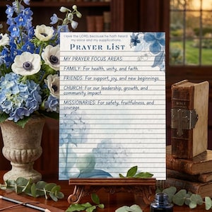 Puede incluir: Una tarjeta rectangular de lista de oración con detalles florales en acuarela azul y líneas horizontales. El texto dice: I love the LORD, because he hath heard my voice and my supplications. PRAYER LIST. MY PRAYER FOCUS AREAS: FAMILY, FRIENDS, CHURCH, MISSIONARIES.
