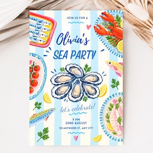 Op de afbeelding: Een rechthoekige uitnodigingskaart met een lichtblauw en wit gestreepte achtergrond, voorzien van illustraties van oesters, een kreeft, vissen en tomaten. De tekst luidt: JOIN US FOR A Olivia's SEA PARTY let's celebrate! 9 PM 22ND AUGUST 123 ANYWHERE ST., ANY CITY.