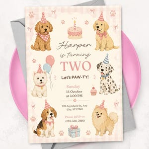 May include: A rectangular birthday invitation card featuring illustrations of six dogs wearing party hats, a cake, balloons, and a gift. The text reads: Harper is turning TWO, Let's PAW-TY!, Sunday 14 October at 4:00 PM, 123 Anywhere St., Any City, ST 12345, Please RSVP to +123-456-7890.