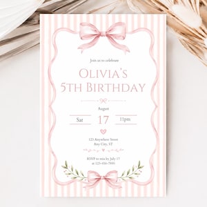 Peut inclure: Une carte d'invitation d'anniversaire rectangulaire avec un fond à rayures verticales rose clair et blanc. Le texte indique Olivia's 5th Birthday, August 17, 11pm, 123 Anywhere Street, Any City, ST, et RSVP to mia by July 17 at 123-456-7890.