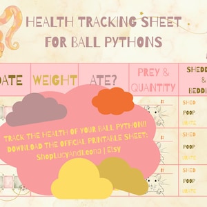 Könnte beinhalten: Ein Gesundheits-Tracking-Blatt für Königspythons mit Spalten für Datum, Gewicht, Fütterung, Beutemenge, Häutung und Einstreu. Das Blatt enthält eine rosa, orange und gelbe Wolkenüberlagerung mit dem Text: TRACK THE HEALTH OF YOUR BALL PYTHON!! DOWNLOAD THE OFFICIAL PRINTABLE SHEET: ShopLucyAndLeona | Etsy.