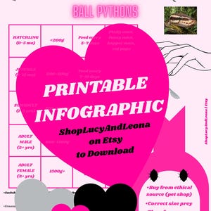 May include: A pink and white printable infographic titled Quick Feeding Guide: Ball Pythons. It features a grid with weight ranges in grams, feeding intervals, and prey types for different life stages, plus tips on thawing prey to 98-100 degrees Fahrenheit.