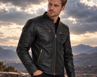 Schwarze Bikerjacke aus echtem Leder für Herren | Vintage Café Racer, handgefertigte Steppjacke für Motorradfahrer