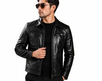 Schwarze Herren-Bomberjacke | Motorradjacke aus echtem Leder | Fliegerjacke mit vielen Taschen | Vintage-Biker-Oberbekleidung