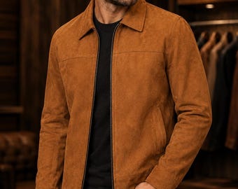 Braune Wildlederjacke für Herren – Handgefertigte Bomberjacke in Hellbraun, klassischer Slim-Fit-Mantel