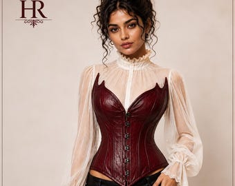 Burgunderfarbenes Lederkorsett für Damen | Taillenformer im gotischen viktorianischen Stil | Handgefertigtes Bustier aus echtem Leder