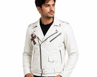 Weiße Herren-Bikerjacke aus Leder, inspiriert von Guns N’ Roses, Axl-Mantel, handgefertigte Jacke