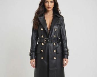 Schwarzer Damen-Trenchcoat aus Lammleder, handgefertigter, langer Mantel mit Gürtel, klassische Wintermode