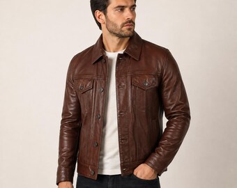 Braune Lammlederjacke für Herren, Vintage-Truckerjacke, handgefertigter Café-Racer-Mantel
