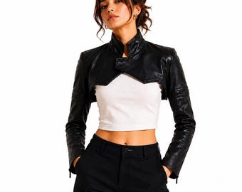 Damen-Lederjacke, schwarzes Leder, Lammleder, kurzes Bolero-Oberteil, lange Ärmel, handgefertigt