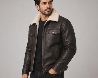Braune Herren-Fliegerjacke aus echtem Leder mit Shearling-Futter