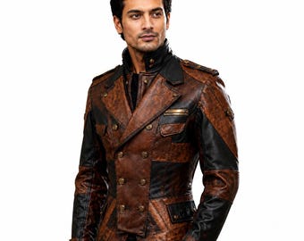 Steampunk-Ledermantel für Herren – Handgefertigte braun-schwarze Militärjacke, gotisches viktorianisches Kostüm