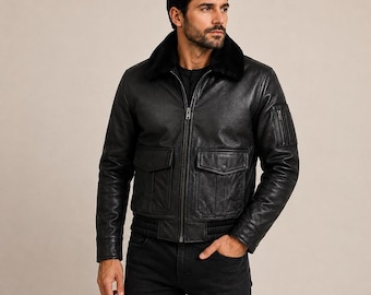 Schwarze Herren-Lederjacke, Vintage-Motorradjacke mit Pelzkragen, gestepptes Futter | Handgefertigte Oberbekleidung